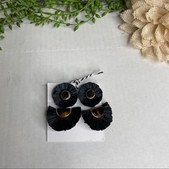 Black and Tortoise Shell Raffia Fan Drop Earrings - Picture 3 of 5